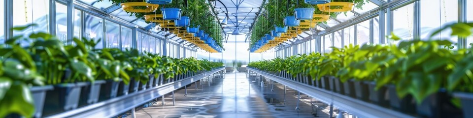 Contemporary hydroponic greenhouse designed for strawberry growth featuring suspended blue and yellow insect traps.