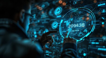 Businessman reviewing marketing plan on virtual screen for online forms and questions