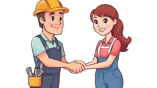 Two Cute Characters in Anime Style: A Plumber and a Woman Shaking Hands, Showcasing a Friendly and Engaging Interaction