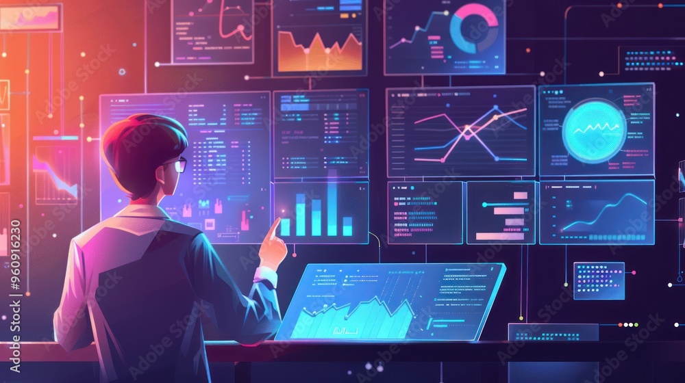 Poster data analyst working with charts and graphs