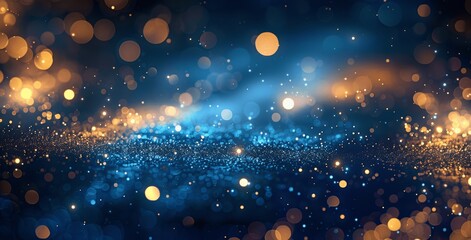Obraz premium Abstract Blue and Gold Glitter Background with Bokeh Lights and Defocused Particles for Christmas, New Year, Wedding