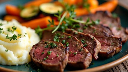 A plate of meat with a side of mashed potatoes and vegetables. The meat is cooked and seasoned perfectly, and the vegetables are roasted.