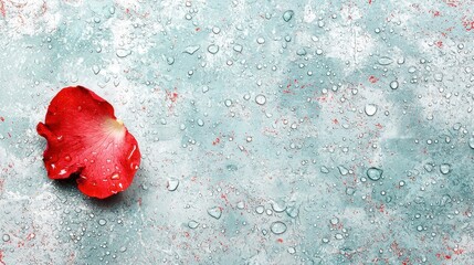 Red Rose Petal with Water Drops on a Blue Background