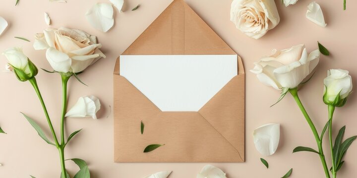 Design of an unfilled wedding invitation card with an envelope and white eustoma blooms, highlighting areas for text.