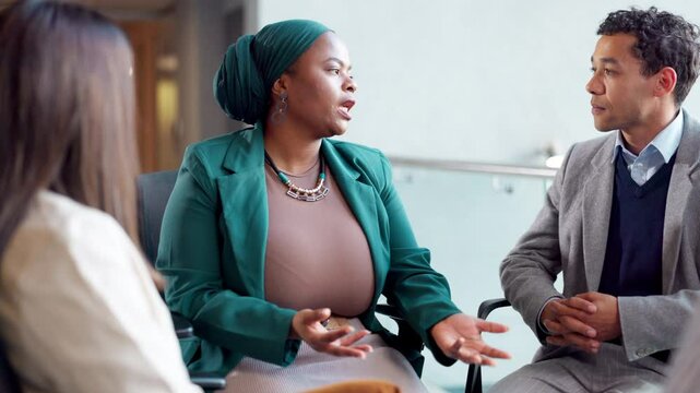 Business people, office and support group in circle for counseling and workplace empathy workshop. Human resources, mental health and conflict solution seminar with chat and care with team building