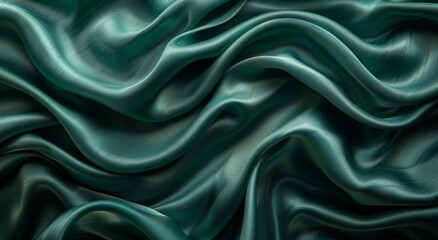 Obraz premium Dark Green Silk Satin Fabric with Wavy Drapery Texture - Luxury Background for Invitations, Banners, Cards - Flat Lay Top View