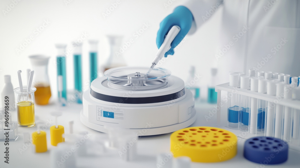 Poster 3d illustration of a scientist preparing samples for analysis in a lab, with a centrifuge and