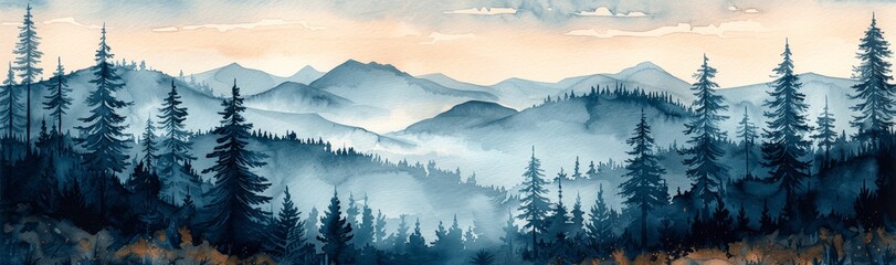 Watercolor Border of Blue Spruce Trees in Foggy Forest