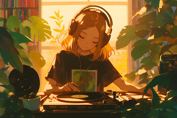 Girl enjoying music on vinyl records with a record player surrounded by plants and string lights. Anime style, Cozy vibes