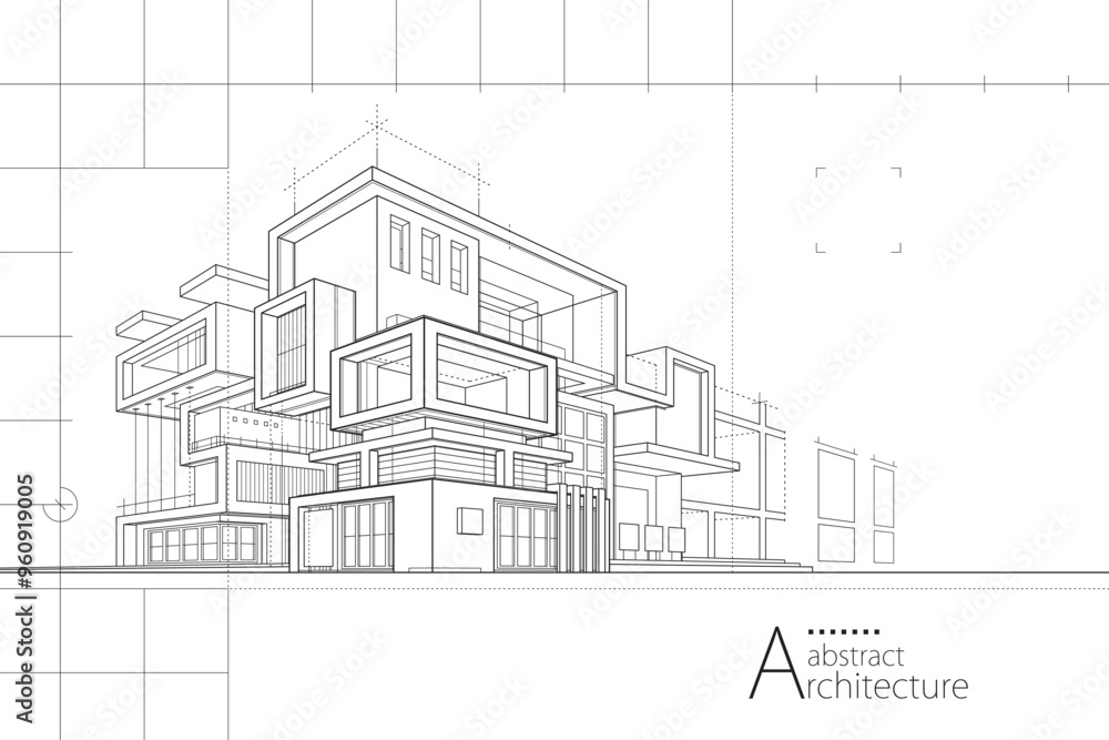 Poster 3D illustration abstract urban building out-line drawing of imagination architecture building construction design.