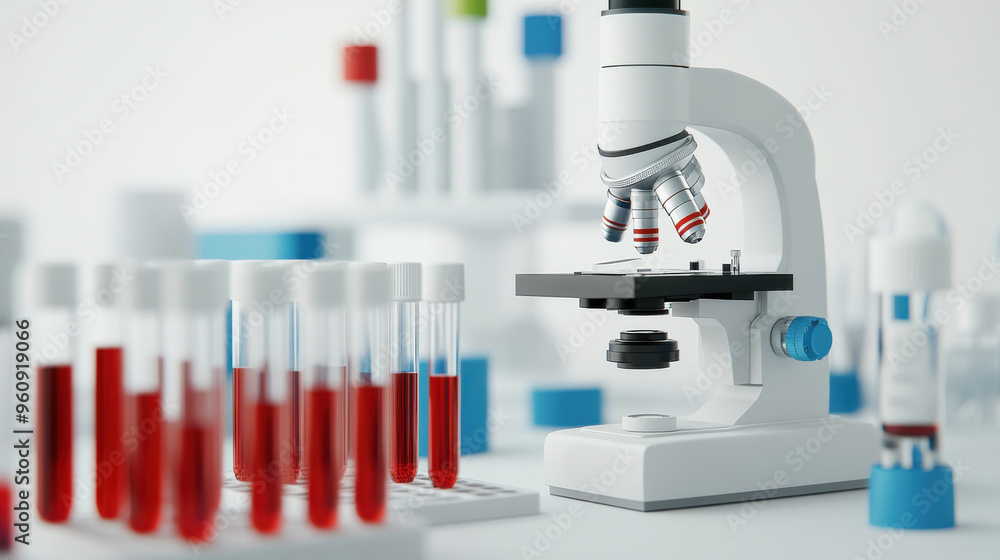 Poster 3d model of a scientist analyzing a blood sample, with test tubes and a microscope