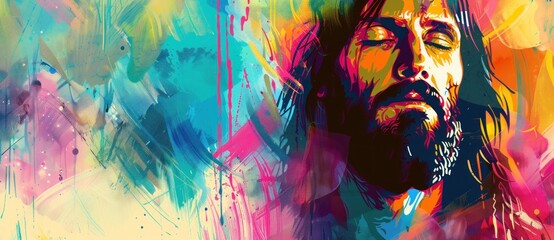 A vibrant abstract portrait of Jesus, featuring an explosion of colors that highlight his contemplative expression.