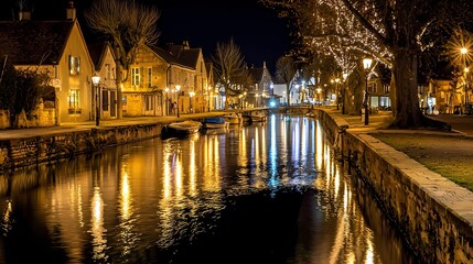 Obraz premium Serene night view of a charming canal with boats and illuminated buildings.