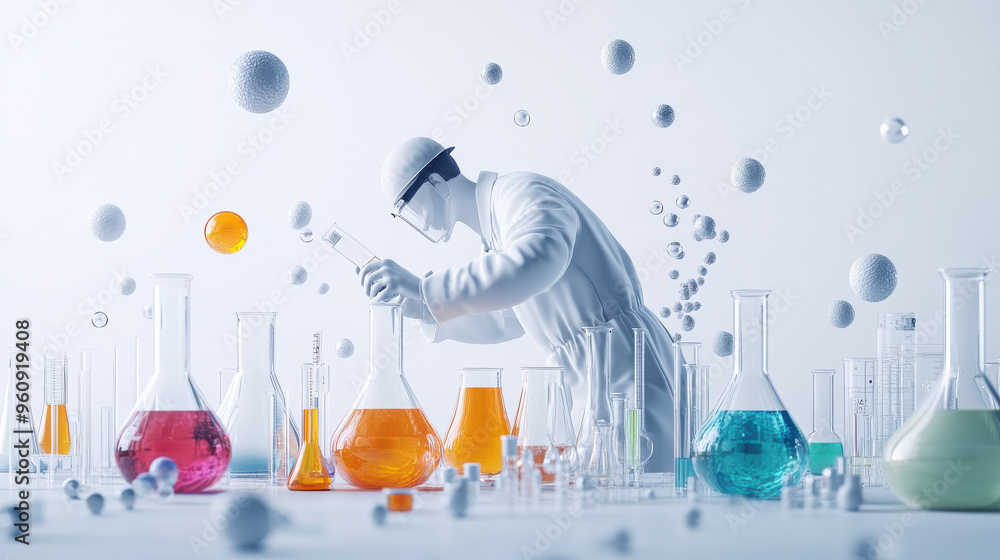 Poster 3d model of a scientist working on a chemical reaction, with bubbling flasks and colorful