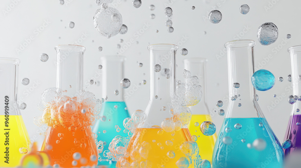 Poster 3d model of a scientist working on a chemical reaction, with bubbling flasks and colorful