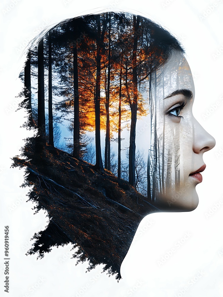 Poster enigmatic fusion: double exposure of deep woods in contrasting emotions - vintage retro color pencil