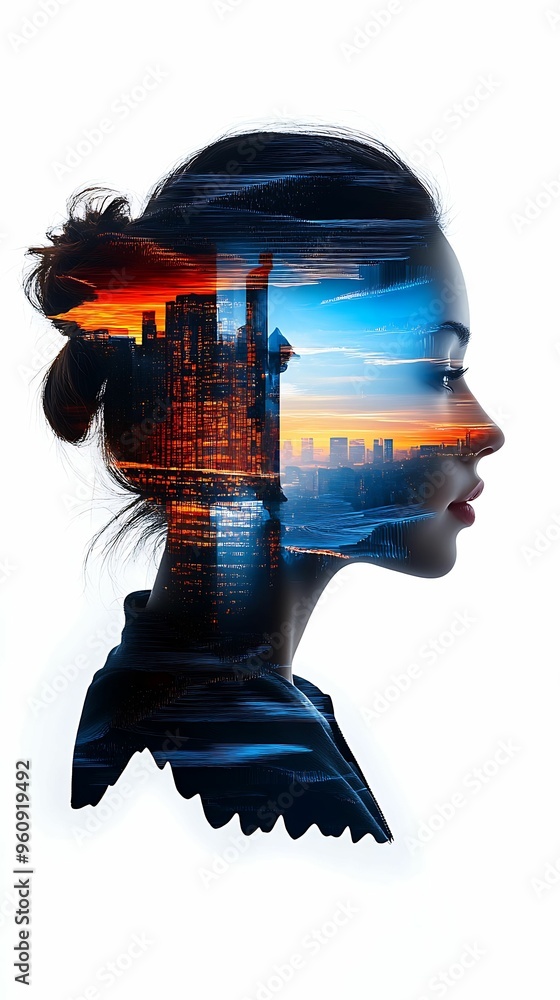 Poster melancholy figure in vivid double exposure - a contrasting realistic portrait with sharp detail and 