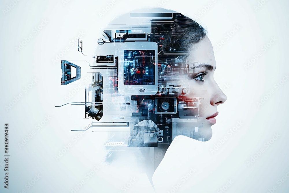 Poster eco-tech fusion: surreal double exposure of modern gadgets and discarded objects in soft watercolor 