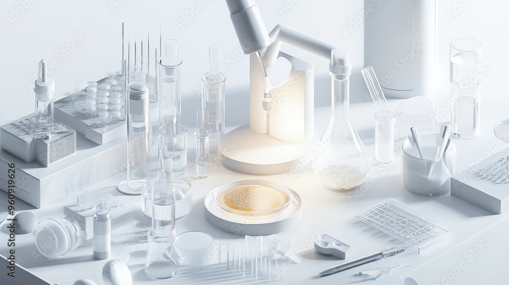 Poster 3d render of a scientist examining a petri dish under a lab light, surrounded by lab