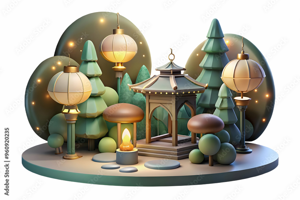 Aufkleber mystical forest clearing illuminated by lanterns for mid autumn festival - enchanting scene with sof