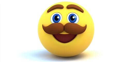 Fototapeta premium A cheerful yellow smiley face with expressive eyes and a distinct mustache brightens the day with its playful charm, inviting joy and laughter in a colorful digital realm