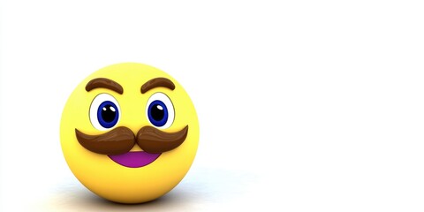 Fototapeta premium A cheerful yellow emoji with a moustache and bright eyes smiles warmly against a simple white background, evoking joy and whimsy in a playful cartoon style