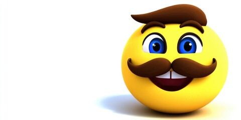 A cheerful yellow smiley with a mustache and blue eyes expresses joy and friendliness in a bright, minimalist setting, inviting a sense of happiness and playfulness
