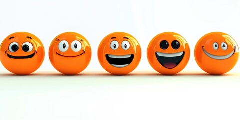 Obraz premium Expressive orange smiley faces displaying a variety of emotions on a bright white background during a creative design session