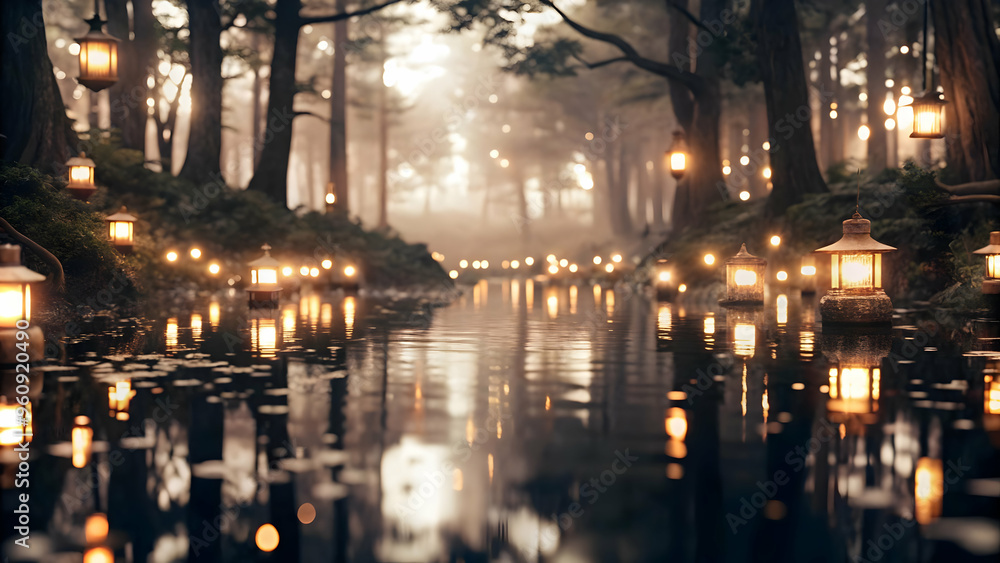 Aufkleber mystical forest clearing illuminated by lanterns for mid autumn festival - enchanting background wit