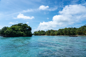 adventure, beach, blue, blue sky, caribbean, clouds, coast, coastline, crystal clear water, eco-tourism, exotic, green foliage, holiday, island, jungle, landscape, lush vegetation, maldives, nature, o