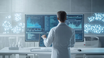 3D scene of a scientist standing in front of a computer, analyzing data, with a white