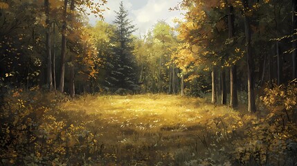Obraz premium Serene autumn forest with golden grass and vibrant foliage.