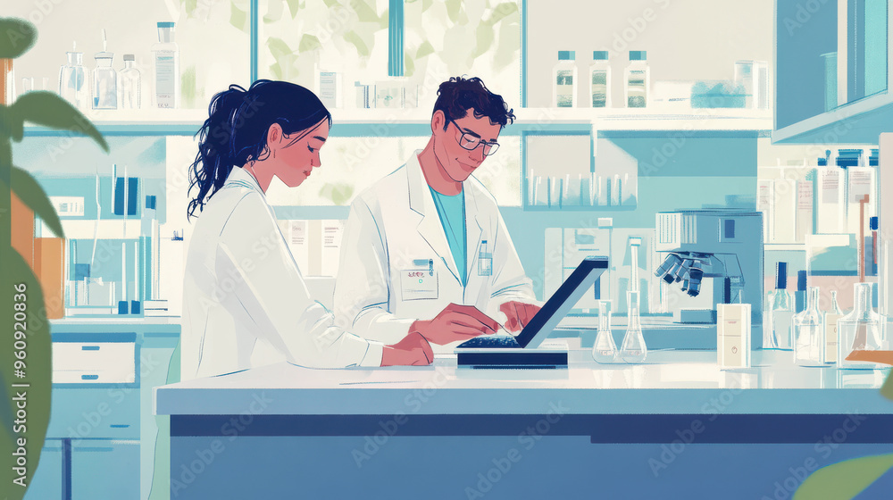 Poster a biomedical student inputting data from a drug trial, overseen by a scientist in a modern