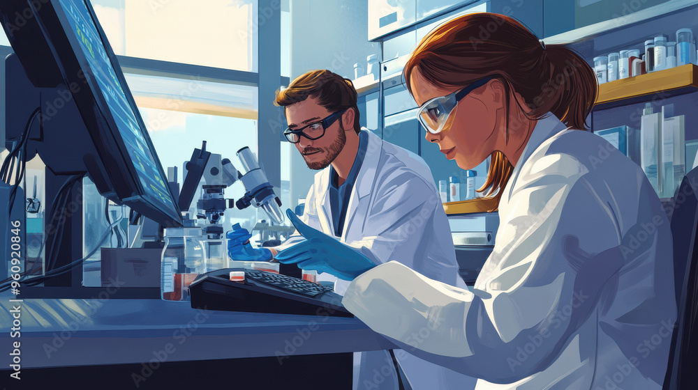 Poster a biomedical student inputting data from a drug trial, overseen by a scientist in a modern