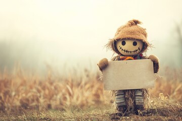 Scarecrow holding a blank sign in a field. Perfect for text or logo customization, autumn theme.

