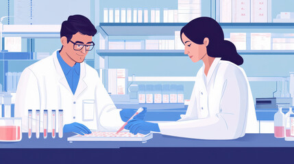 A biomedical student inputting data from a drug trial, overseen by a scientist in a modern