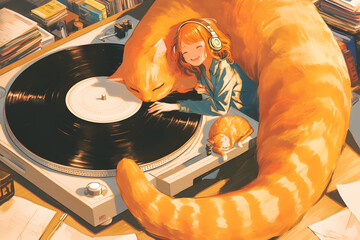 Vintage Girl listening to vinyl records with a sleeping cat and a pile of books. Anime style, Cozy vibes