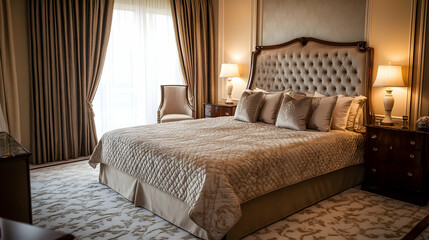 Luxurious king-sized bed with plush pillows and a soft velvet comforter, set in a spacious bedroom with matching drapes and a large window letting in natural light, elegant bedside tables with lamps