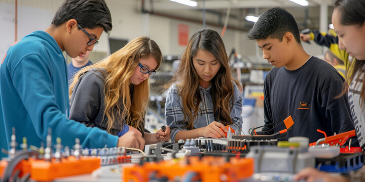 Engineering students working on robotics project, Group of students building robotic machinery