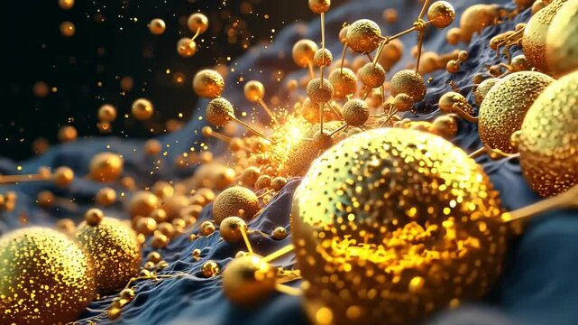 Gold spheroids float in primordial soup. Chemical reactions occur as camera ascends from molecular cluster. Electron density focus enhances primeval atmosphere. 