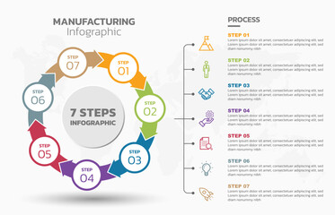 Visual data presentation. Cycle diagram with 7 options. Pie Chart Circle Infographic template with 7 steps, options, parts, segments. Business concept. Editable pie chart with sectors. Single layer.