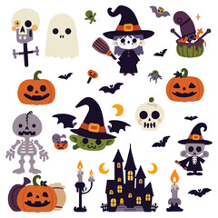 Happy Halloween Day element background vector. Cute collection of spooky ghost, pumpkin, bat, skull, candle. Adorable halloween festival illustration elements for decoration, prints.