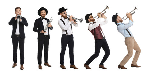 Obraz premium Man playing trumpet isolated on white. Collection of photos