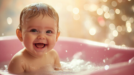 A baby happy bath time, a child laughing in bath tub
