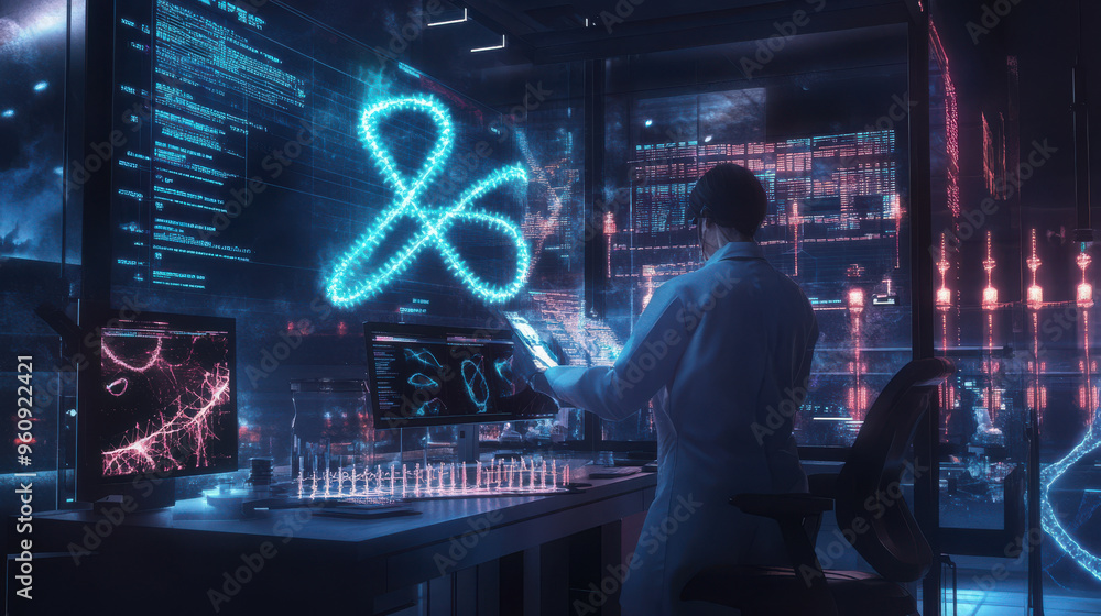 Poster a futuristic lab environment with a scientist working on a dna model using ai-powered