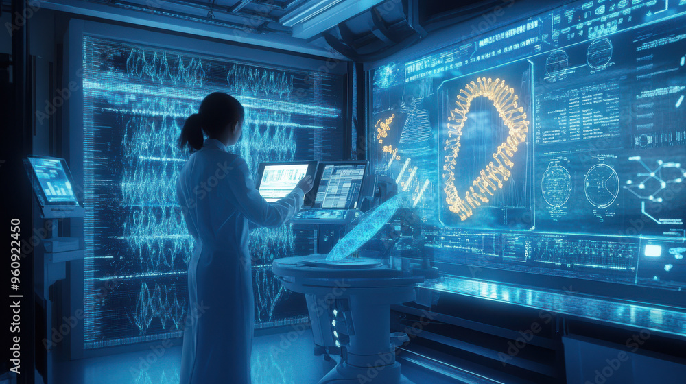 Poster a futuristic lab environment with a scientist working on a dna model using ai-powered