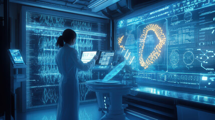 A futuristic lab environment with a scientist working on a DNA model using AI-powered