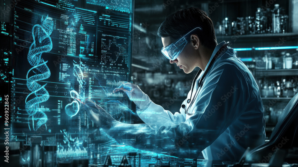 Poster a geneticist working with a digital interface that displays genetic data, with futuristic lab