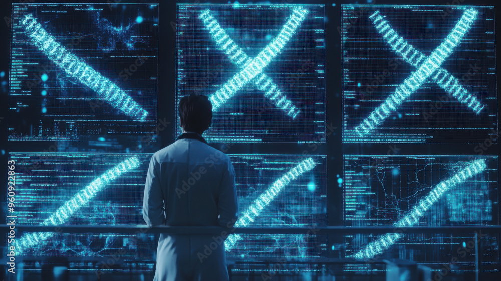Poster a geneticist programming ai to predict genetic mutations, with visual representations