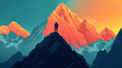 A motivational poster featuring a person climbing a mountain, symbolizing overcoming challenges and achieving goals. Mountain Range. Illustration
